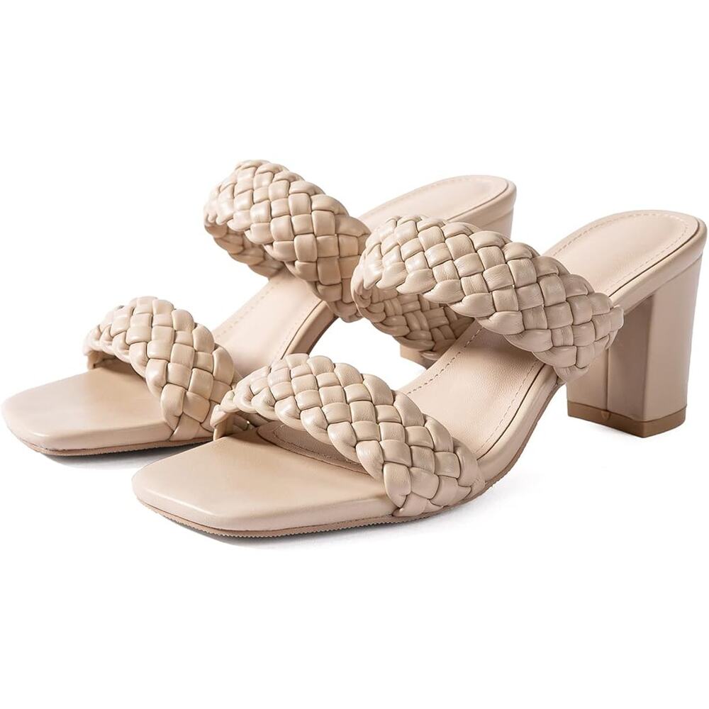 New NNG Womens Size 10.5 Tan Faux Leather Open Toe 3" Heel Slide On Sandal Shoes